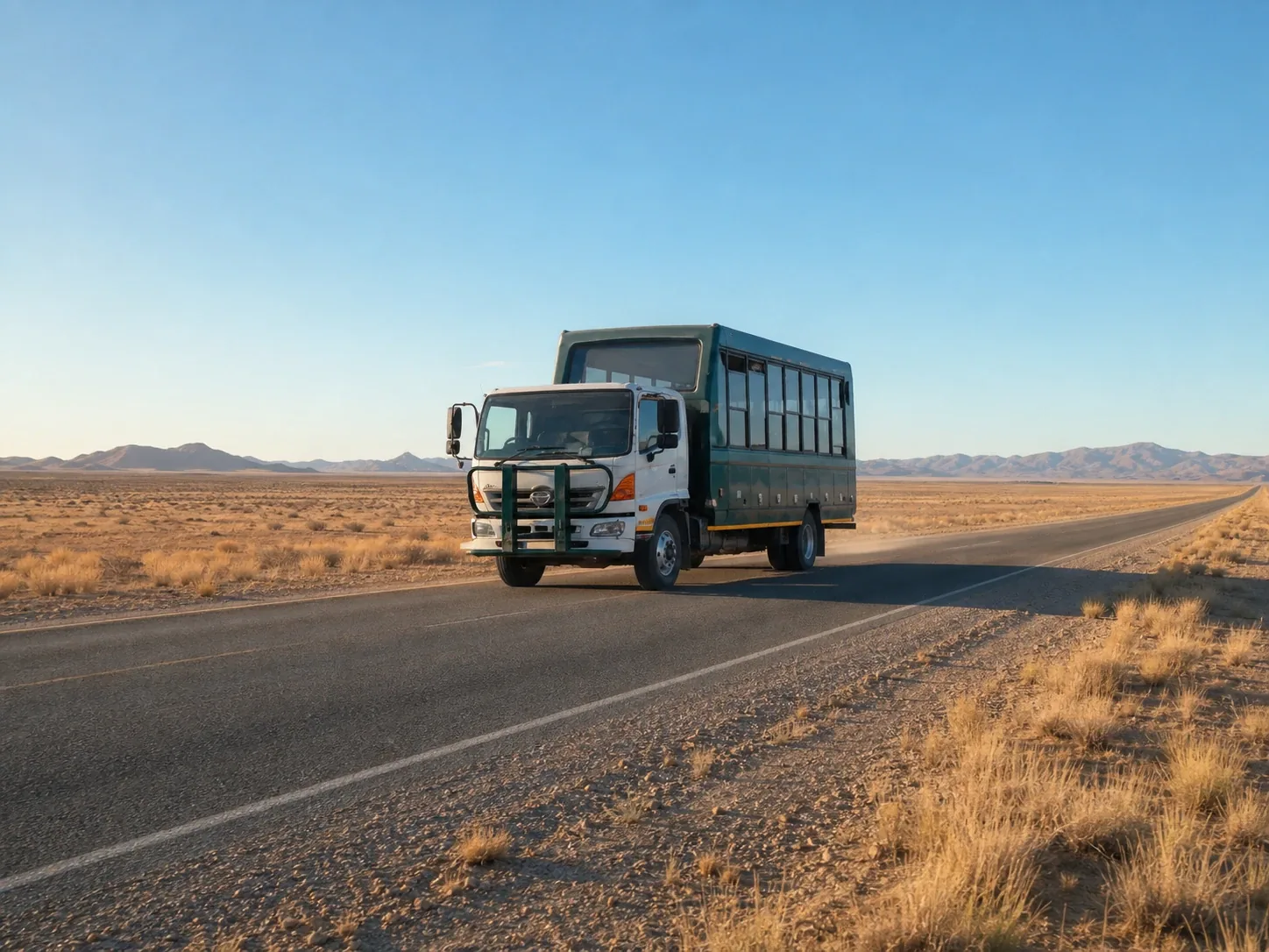 Drifter 越野卡車行駛在納米比亞沙漠公路